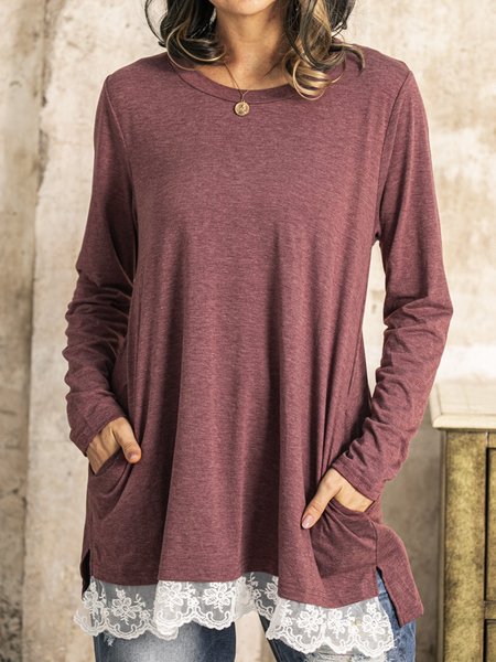 Casual Crew Neck Lace Paneled Cotton-Blend T-shirt, Red, Tops