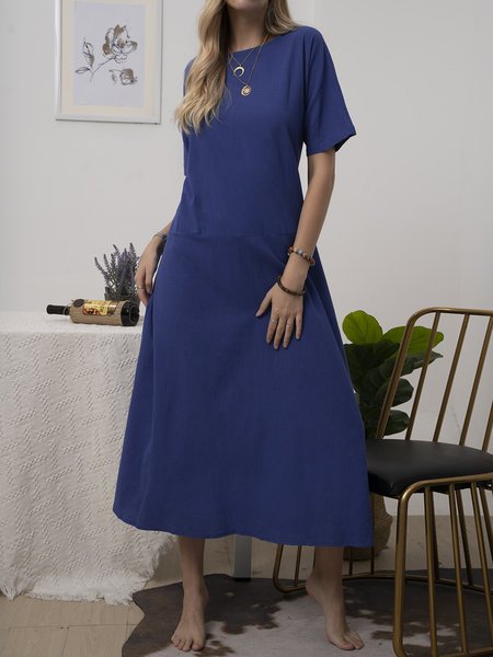 Crew Neck Solid Short Sleeve Casual Weaving Dress, Blue, Casual Dresses