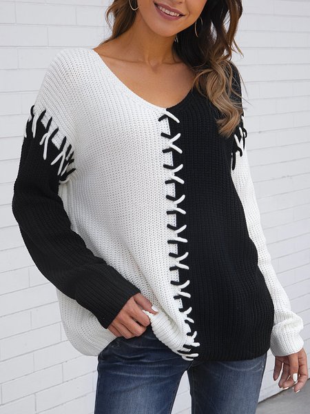 Black V Neck Casual Color-Block Bandage Sweater, Sweaters
