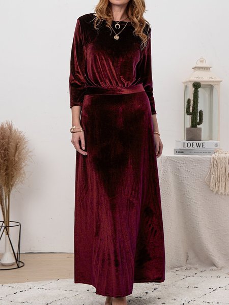 Marino Solido Vintag Velluto Abito, Rosso, Maxi Dresses