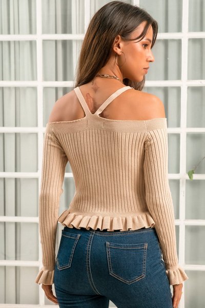 Apricot Knitted Spaghetti Sweet Sheath Sweater, Sweaters & Cardigans
