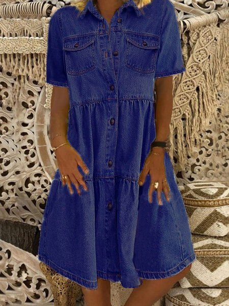 

Sky Blue Denim Daily Casual Shirt Collar Short Sleeve Buttoned Pockets A-line Weaving Dress, Deep blue, Casual Dresses