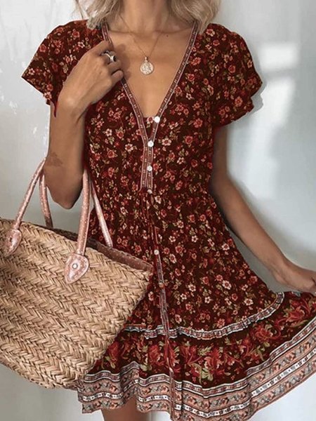 

V Neck Casual Floral Weaving Dress, Red, Casual Dresses
