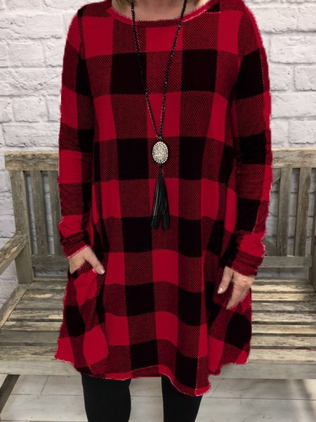 Casual Cotton-Blend dress, Red, Long sleeve tops