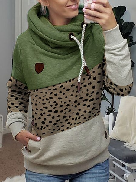 Leopard Shift Hoodie Casual Sweatshirt, Green, Hoodies&Sweatshirts