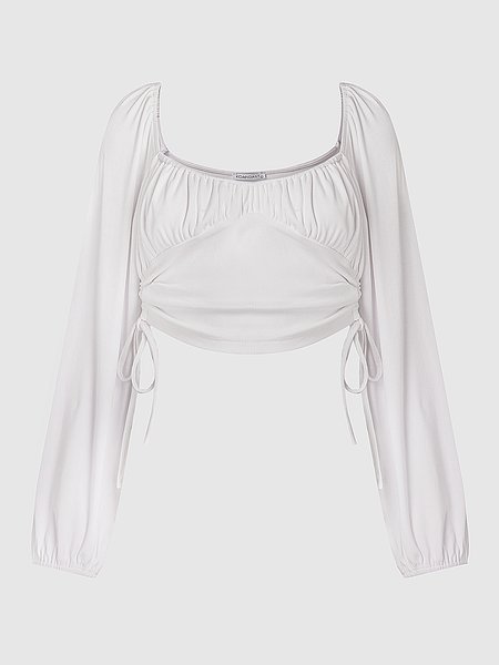 Elegant Square Neck Puff Sleeve Top, White, Tees
