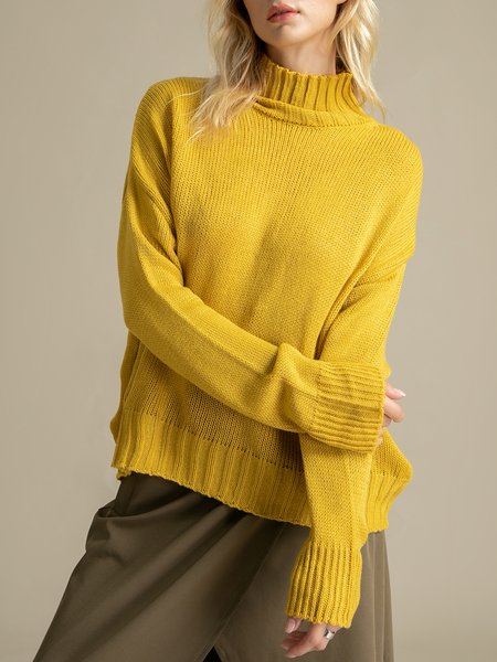 High Neck Loosen Casual Pullover, Yellow, Pullovers