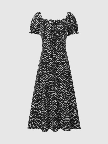 Lace-Up Elegant Polka Dots Dress, Black, Maxi Dresses