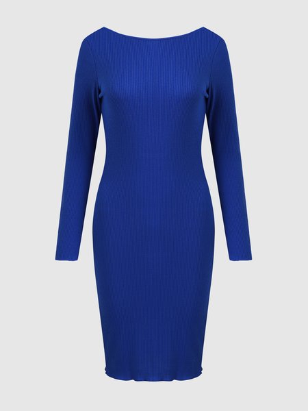 Solid Elegant Knitting Dress, Blue, Mini Dresses