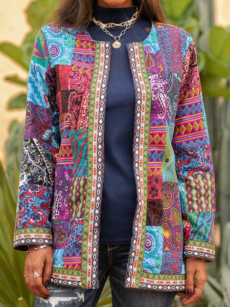 Crew Neck Shift Boho Floral Outerwear, Blue, Coats & Jackets