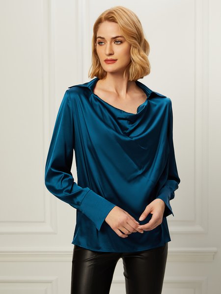 Elegant Regular Fit Plain Long Sleeve Top, Blue, Blouses and Shirts