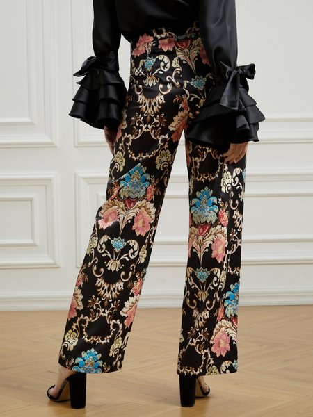 Floral Regular Fit Pants, Black, Pants