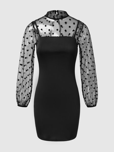 Crew Neck Polka Dots PatchworkFiitted Dress, Black, Mini Dresses