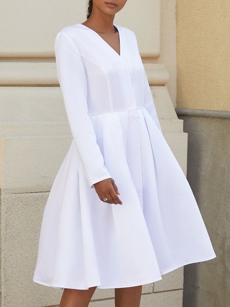A-Line Work Plain Midi Dress, White, Midi Dresses