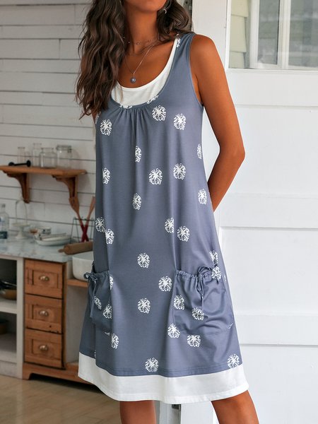 

Casual Sleeveless Floral-Print Knitting Dress, As picture, Casual Dresses