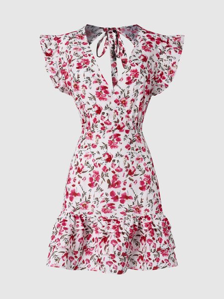 V Neck Floral Weaving Dress, As picture, Mini Dresses