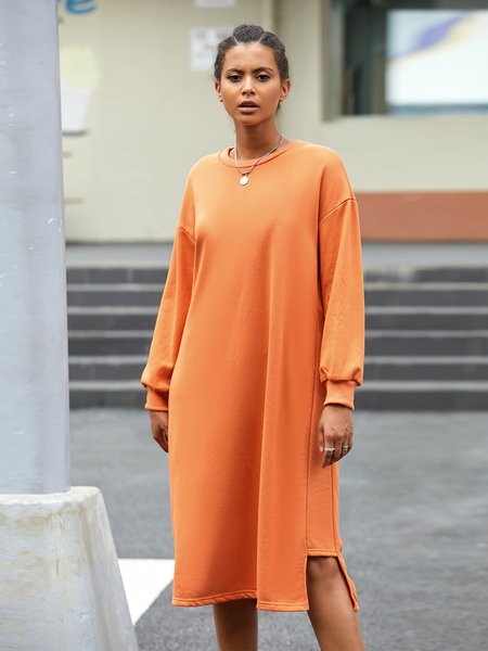 Casual Crew Neck Long Sleeve Dress, Orange, Midi Dresses