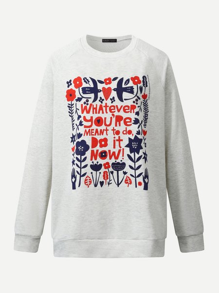 Floral Round Neck Sweatshirt, Gray, Hoodies & Sweatshirts