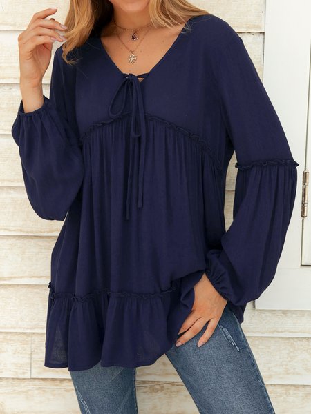 Casuale Maniche Lunghe Top, Blu marino, Blouses & Shirts