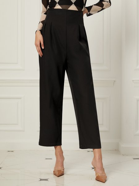 Elegant Regular Fit Plain Long Work Pants, Black, Pants