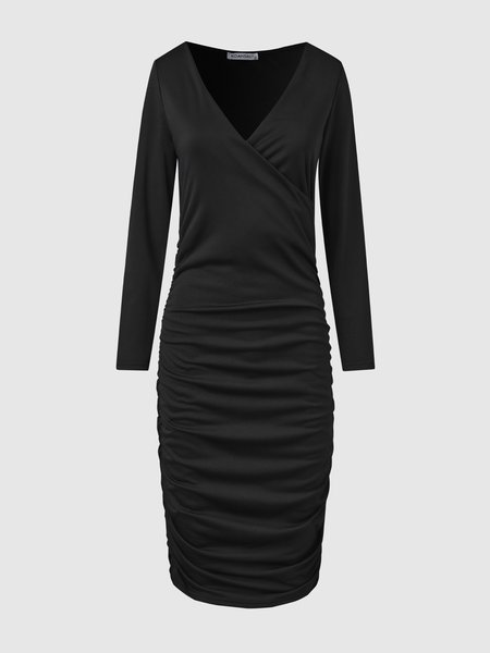 V Neck Elegant Fitted Dress, Black, Midi Dresses