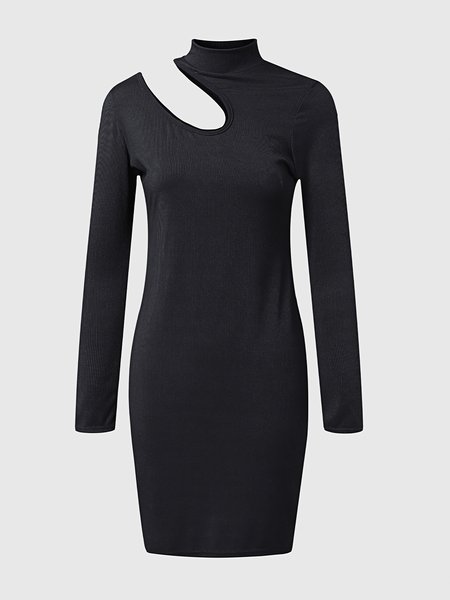 High Neck Elegant Hollow Out Dress, Black, Mini Dresses
