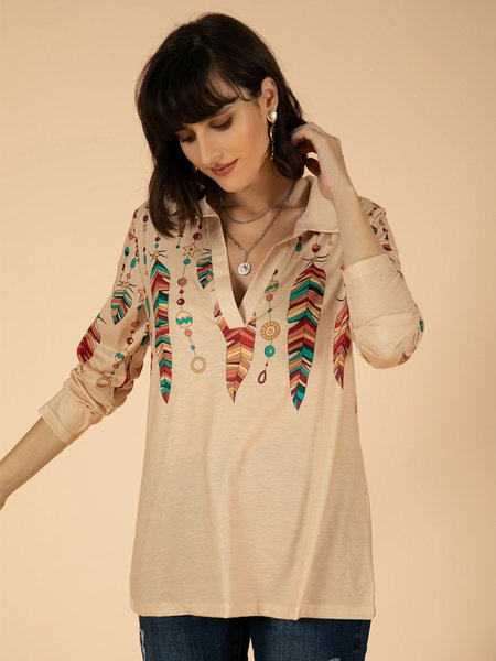 Women's Reto Western Feather Print Casual Lapel Long Sleeve Top, Khaki, Long sleeve tops
Women's Reto Western Feather Print Casual Lapel Long Sleeve Top, Khaki, Long sleeve tops