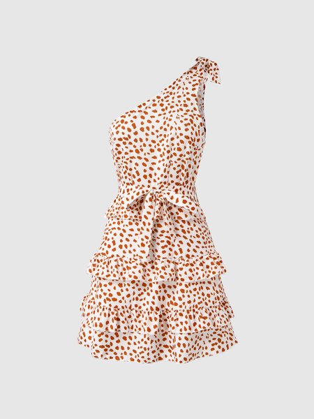 Elegant One Shoulder Polka Dots Dress, As picture, Mini Dresses