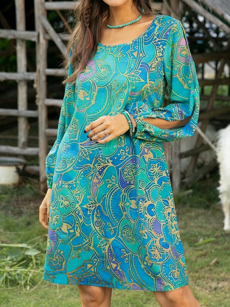 Paisley Holiday Long Sleeve Boho Dresses, Green, Boho dresses
