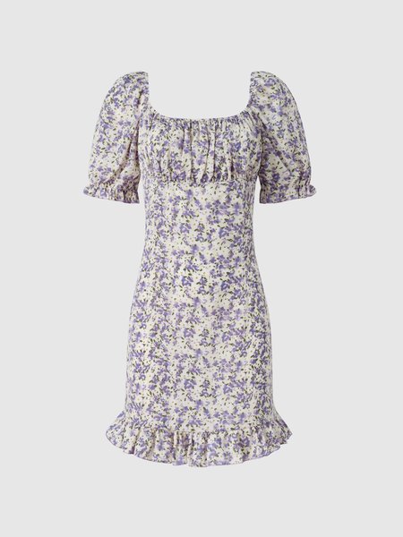 Elegant U-Neck Floral Fitted Dress, Light purple, Mini Dresses