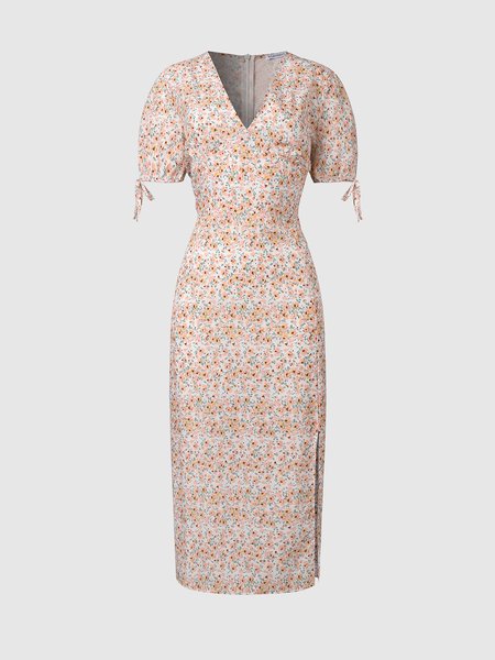 Puff Sleeve Elegant V Neck Fitted Dress, White, Maxi Dresses