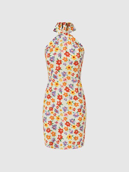 Floral Halter Fitted Dress, Multicolors, Mini Dresses