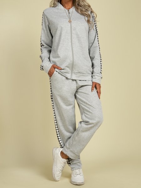 Stand Collar Plain Sports Suits, Gray, Two-piece Outfits