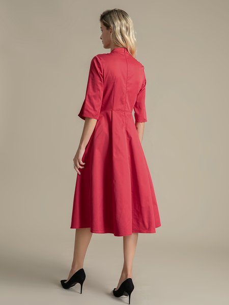 Stand Collar 3/4 Sleeve Elegant A-Line Midi Dress, Red, Midi Dresses