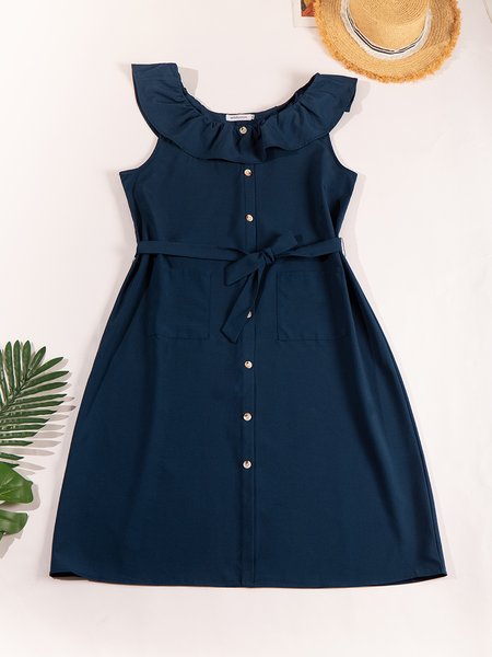 Plus Button Front Ruffle Trim Belted Dress Casual Round Neck Weaving Dress, Navy blue, Dresses
Plus Button Front Ruffle Trim Belted Dress Casual Round Neck Weaving Dress, Navy blue, Dresses