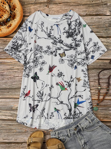 Round Neck Flower And Bird Print Loose Short-sleeved T-shirt, Gray, T-Shirts
Round Neck Flower And Bird Print Loose Short-sleeved T-shirt, Gray, T-Shirts