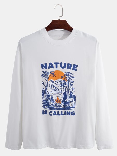 Printed Casual Round Neck Sweatshirt, White, Men's t-shirts