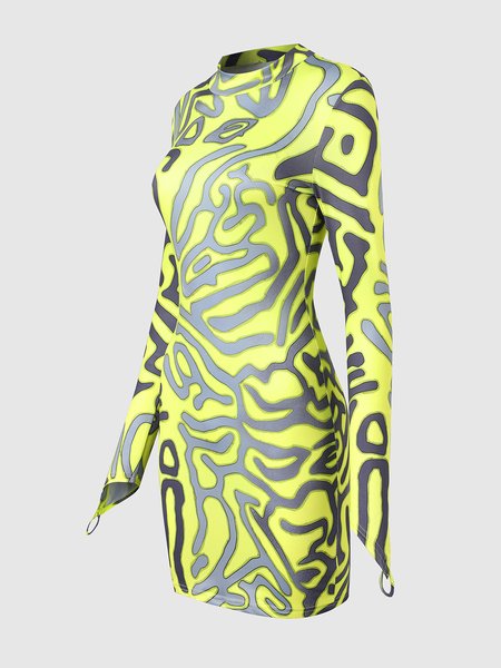 Crew Neck Casual Printed Knitting Dress, Yellow, Mini Dresses