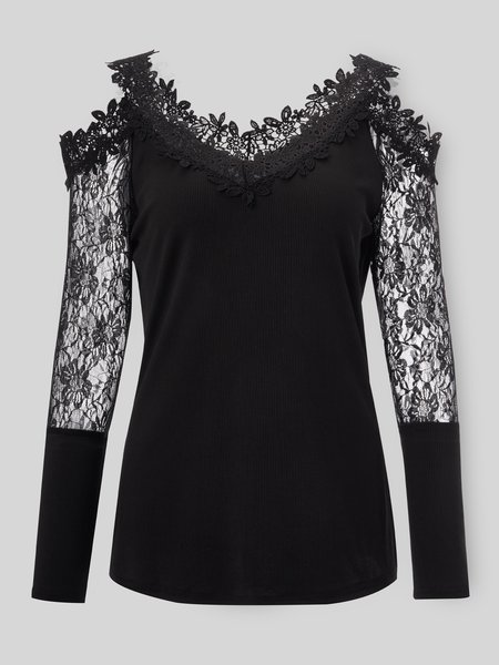 Sexy Pizzo Maniche Lunghe Top, Nero, Blouses & Shirts