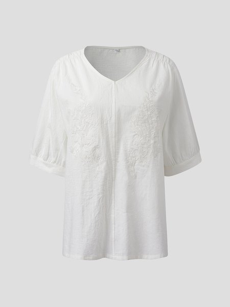 V Neck Plain Floral Jacquard Cotton Blends Elegant Shirts & Tops, White, Long sleeve tops
V Neck Plain Floral Jacquard Cotton Blends Elegant Shirts & Tops, White, Long sleeve tops