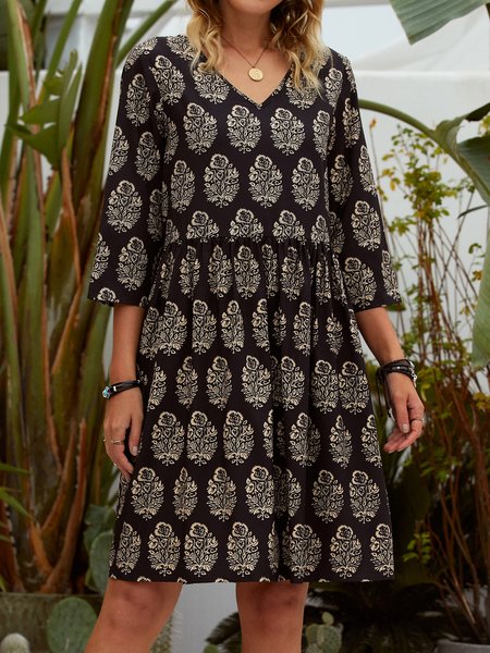 Vintage V Neck Tribal Printed 3/4 Sleeve Holiday Women Dress, Black, Midi Dresses
Vintage V Neck Tribal Printed 3/4 Sleeve Holiday Women Dress, Black, Midi Dresses