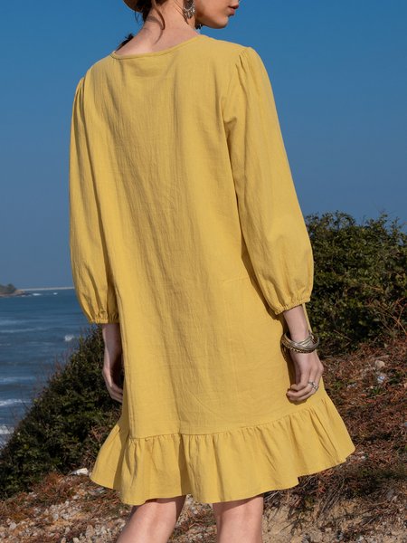 Plain Crew Neck Long Sleeve Dress, Yellow, Mini Dresses