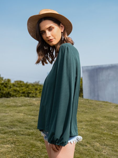 Long Sleeve Casual Plain Top, Green, Blouses and Shirts