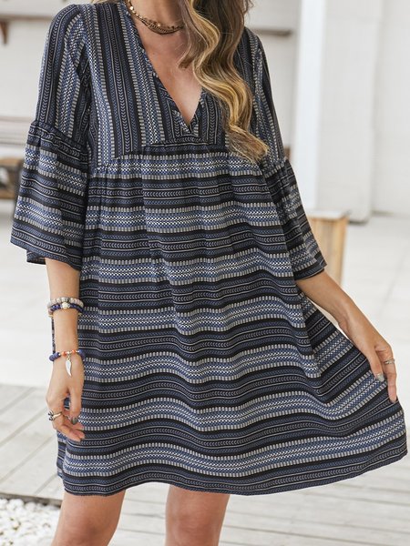 Half Sleeve V Neck Weaving Dress, Black, Dresses