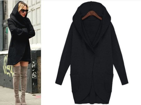 Long Sleeve Loose Hoodie Pocket Outwear, Black, Coats 
Long Sleeve Loose Hoodie Pocket Outwear, Black, Coats