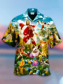 2023 Easter Jesus Bunny Pattern Hawaiian Men's Short Sleeve Shirt