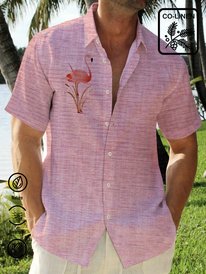 Royaura Beach Vacation Flamingo Men's Hawaiian Shirts Red Cotton Linen Blend Breathable Oversized Aloha Camp Shirts