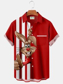 Royaura Holiday Easter Bunny Red Print Breast Pocket Shirt Plus Size Red Shirt