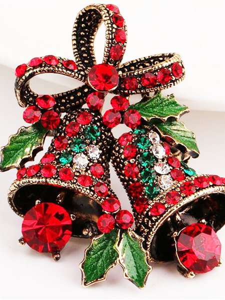 

Vintage Alloy Rhinestone Tinkle Bell Christmas Bow Decoration Brooch, Red, Home Decor