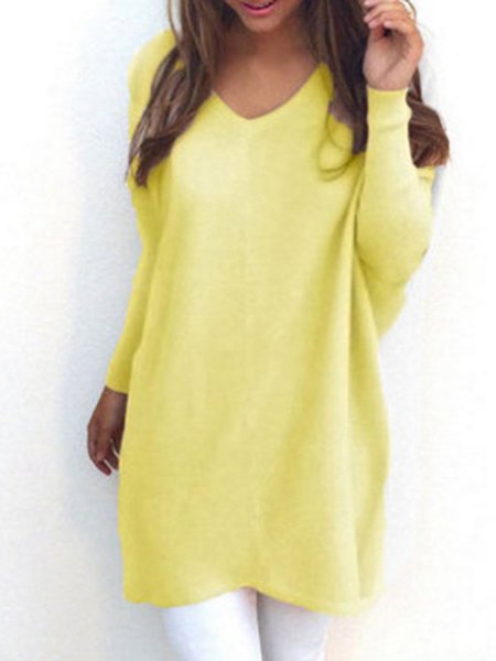 

Long Sleeve V Neck Pure, Yellow, T-Shirts